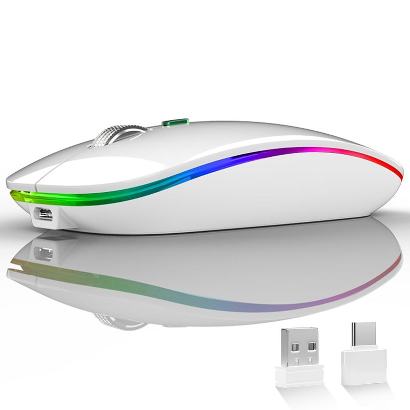 Uiosmuph LED Wireless Mouse, G12 Slim Rechargeable Silent Mouse, 2.4G Portable USB Optical Wireless Computer Mice with USB Receiver and Type C Adapter (White) - Image 1